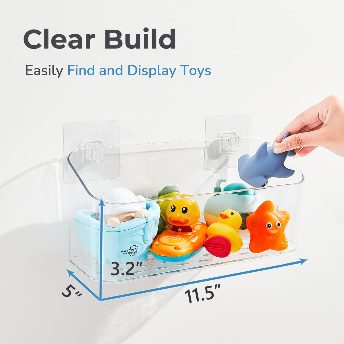 CQUNM bath toy storage mounted securely with strong adhesive on tub wall.