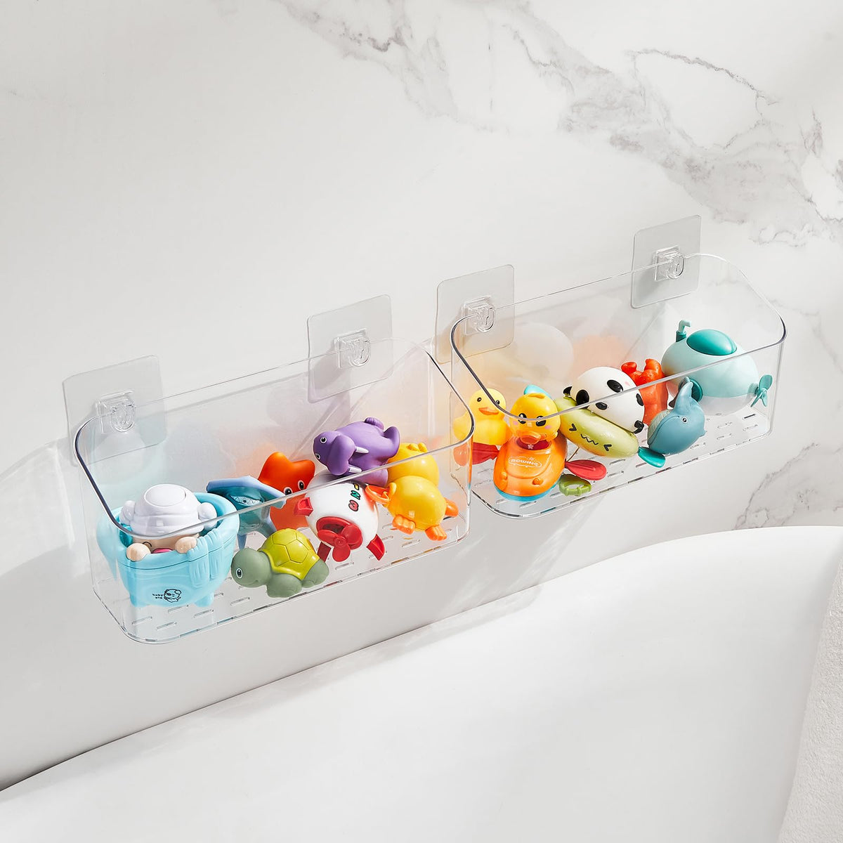 CQUNM clear bath toy organizer showing contents at a glance for quick cleanup.