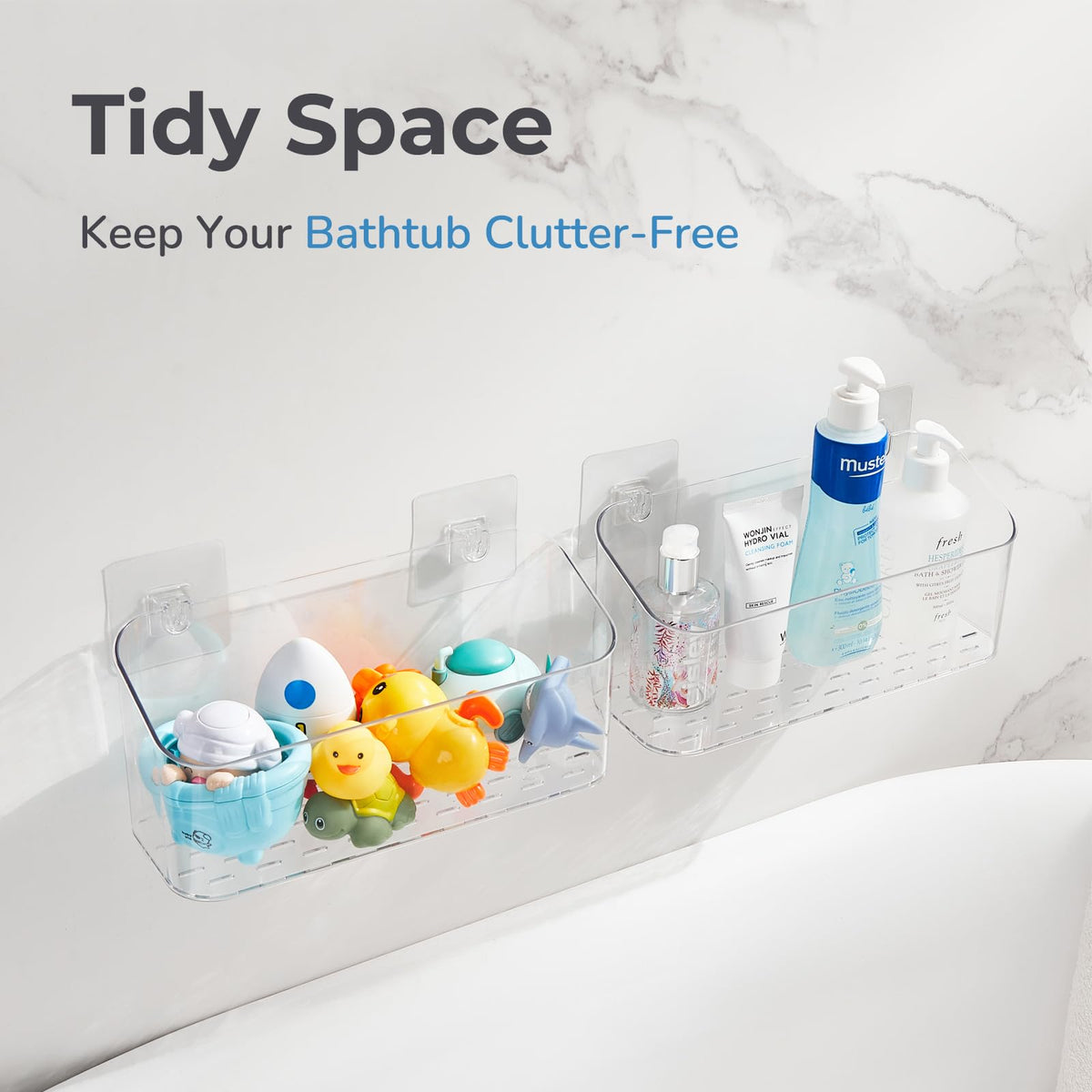 CQUNM shower caddy holds gel and shampoo within reach.