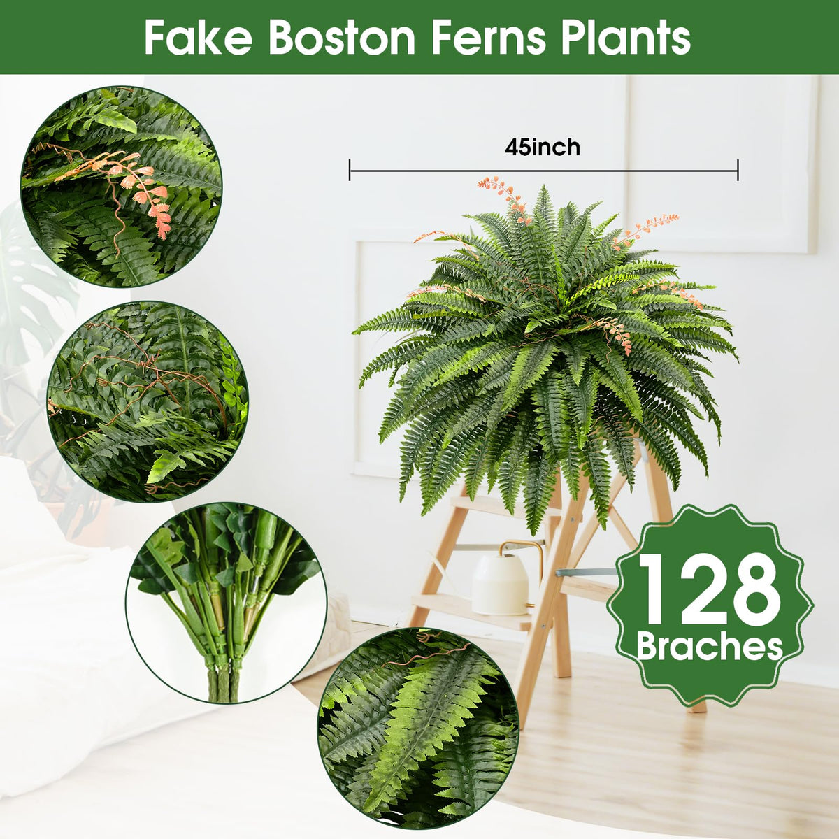 CQURE 128-branch fake fern in outdoor planter with dramatic 50-inch canopy.