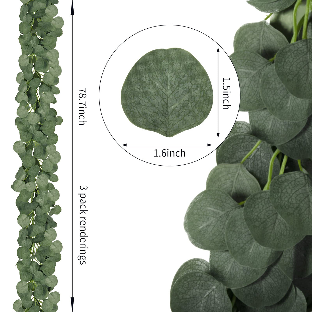 CQURE eucalyptus garland close-up shows realistic silk leaves