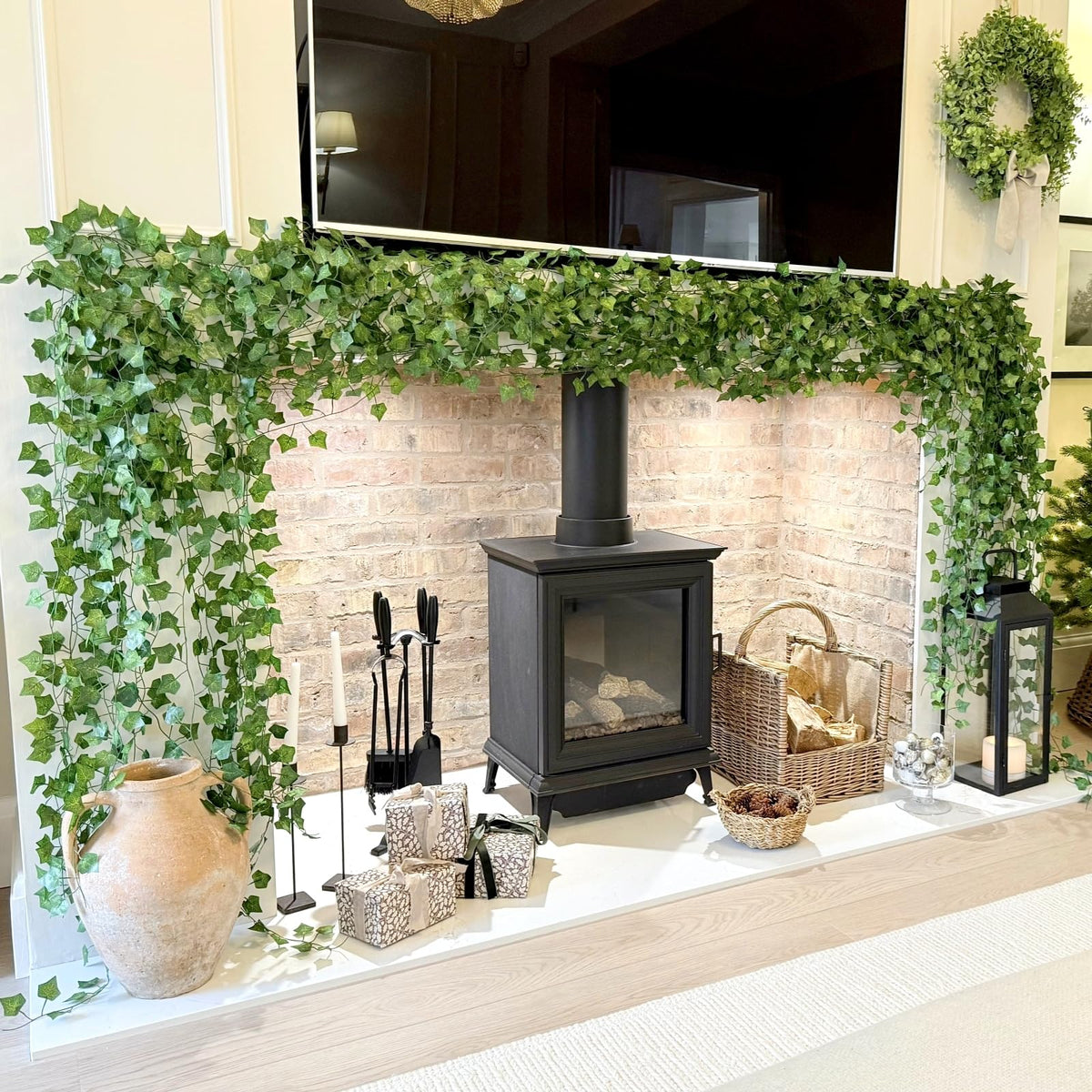 CQURE ivy garland living room setup on mantelpiece