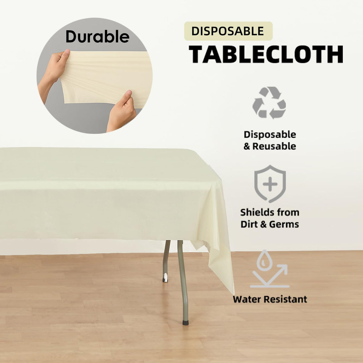 Craft And Party heavy-duty waterproof tablecloth shields tables from spills and stains.