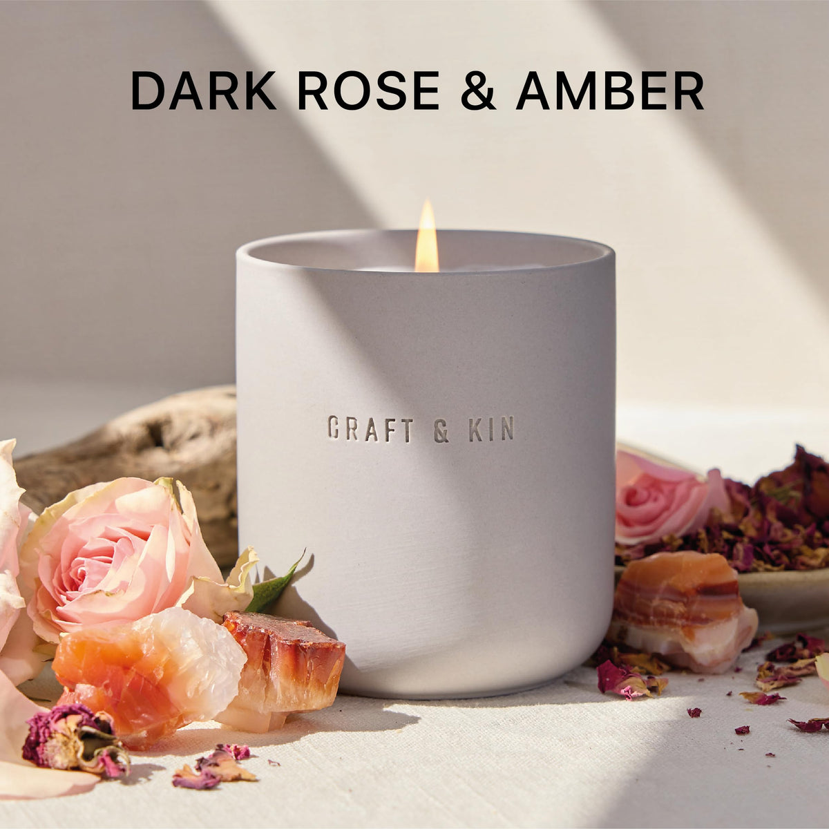 Craft & Kin candle with cotton-wick for a clean burn and lasting fragrance.