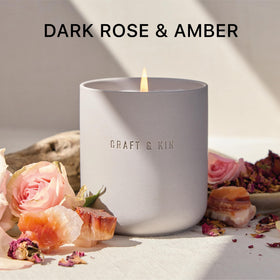 Craft & Kin candle with cotton-wick for a clean burn and lasting fragrance.