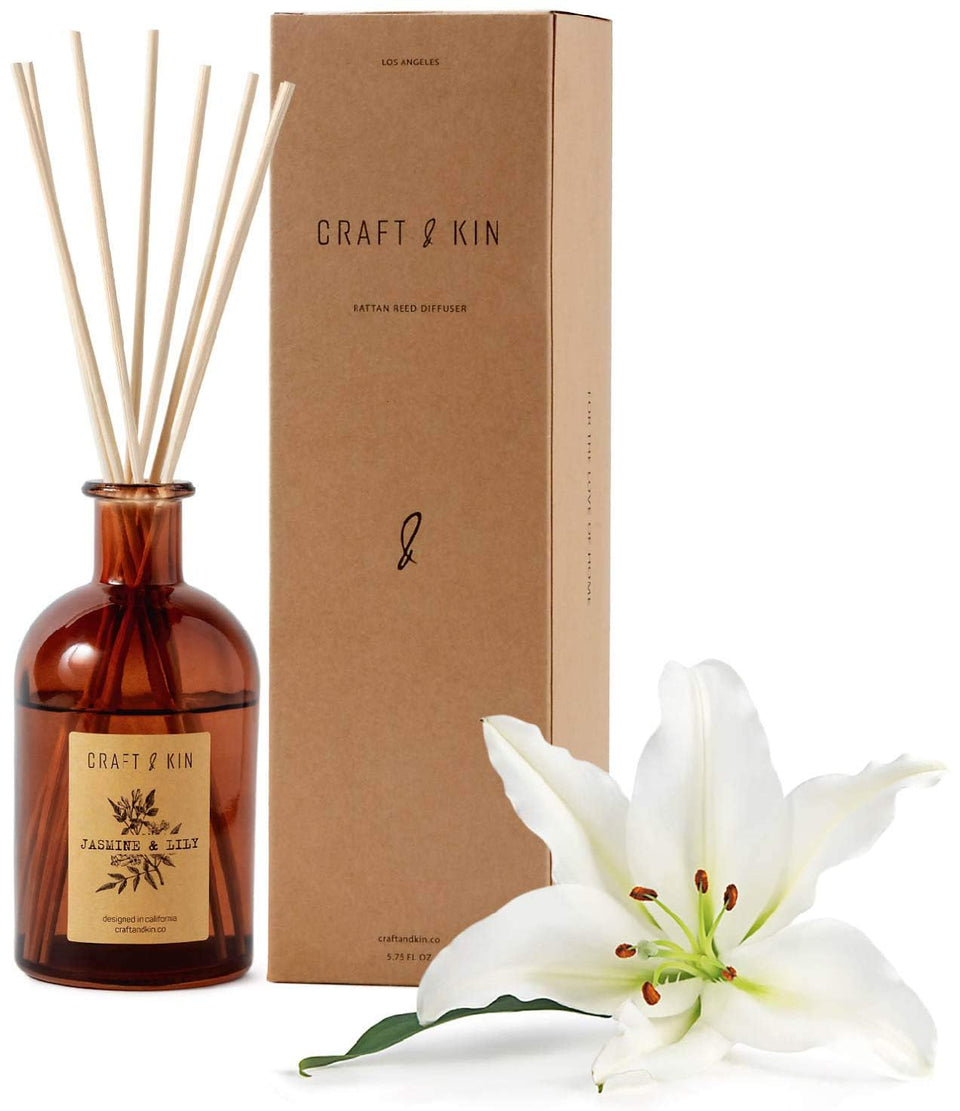 Craft & Kin Lily & Jasmine diffuser in amber glass creates calming home ambiance