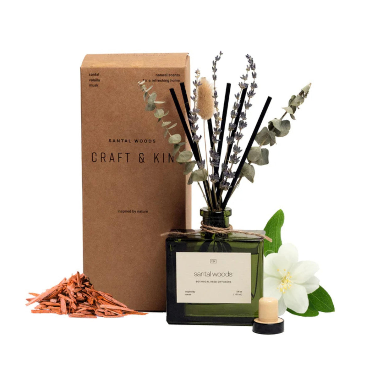 Craft & Kin reed diffuser with dried flowers in a 5 oz bottle for elegant ambiance.
