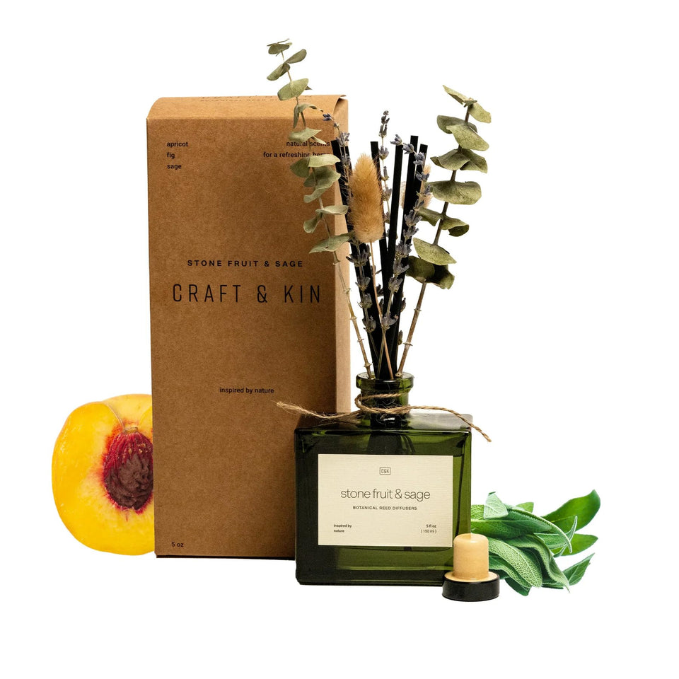 Craft & Kin reed diffuser with dried flowers bottle enhances living spaces with Stone Fruit & Sage