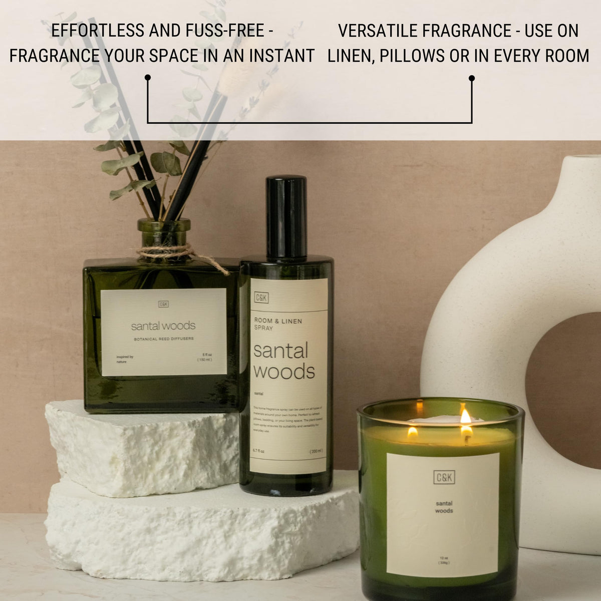 Textile spray from Craft & Kin Santal Woods refreshes linens with a subtle fragrance.