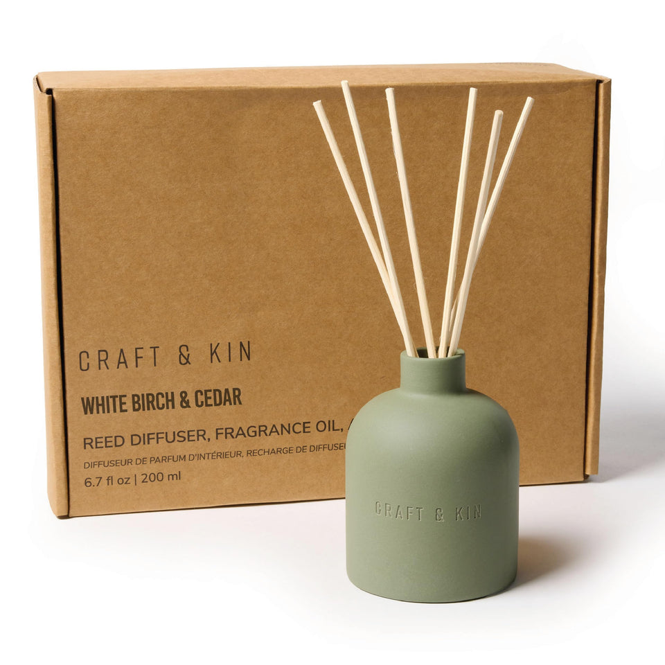 Craft & Kin White Birch & Cedar diffuser in ceramic jar for a sophisticated living space aroma.