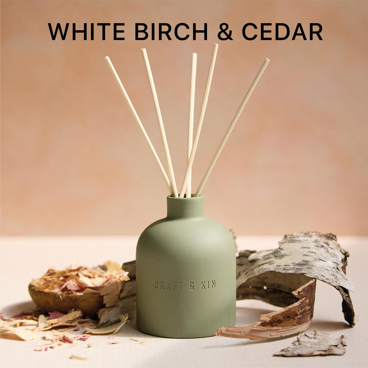 Craft & Kin White Birch & Cedar reed sticks control fragrance intensity in any room.