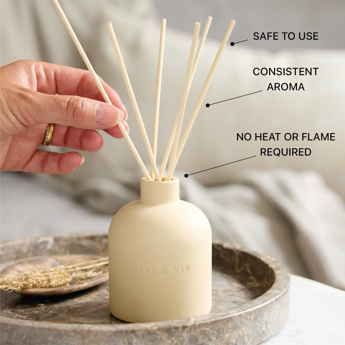 Craft & Kin diffuser in winter setting creates cozy spaces.