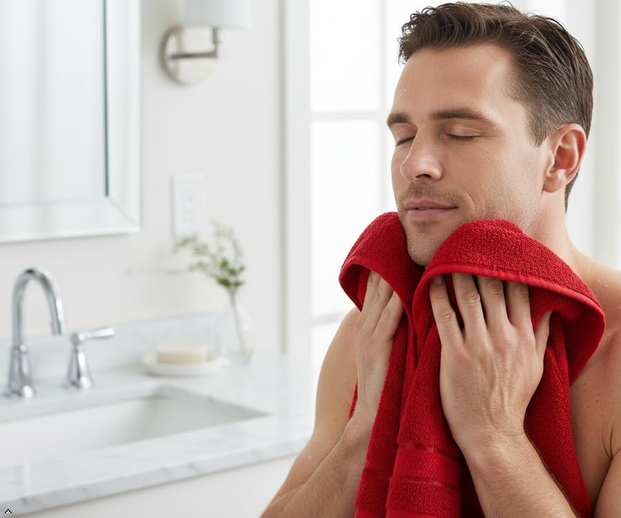 Craftberry red towels edge stitching visible, signaling durable double-stitched hems.