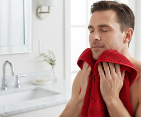 Craftberry red towels edge stitching visible, signaling durable double-stitched hems.