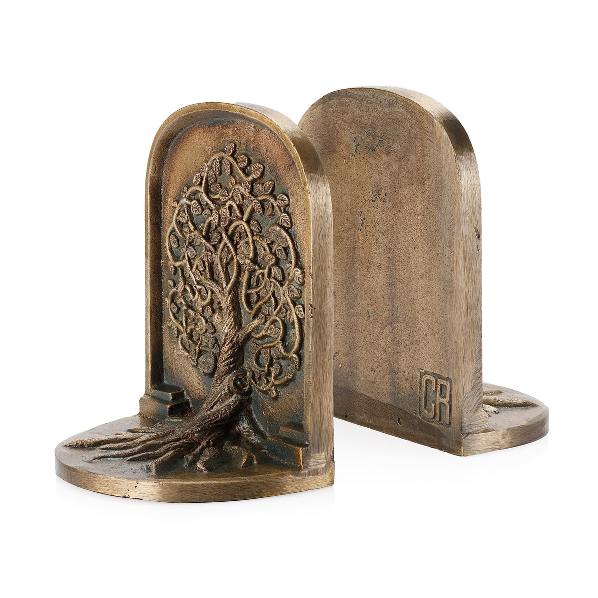 Craftsman Road Tree of Life bookends with intricate carving and antique brass finish