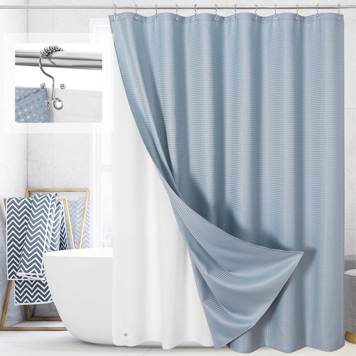 Craidlela 3-in-1 shower curtain set on rod, quick installation.