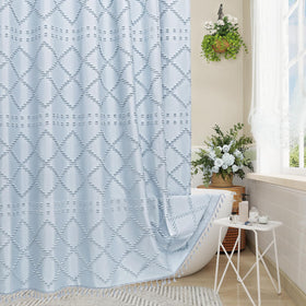 Craidlela boho fog blue shower curtain with tassels adds texture to your bathroom
