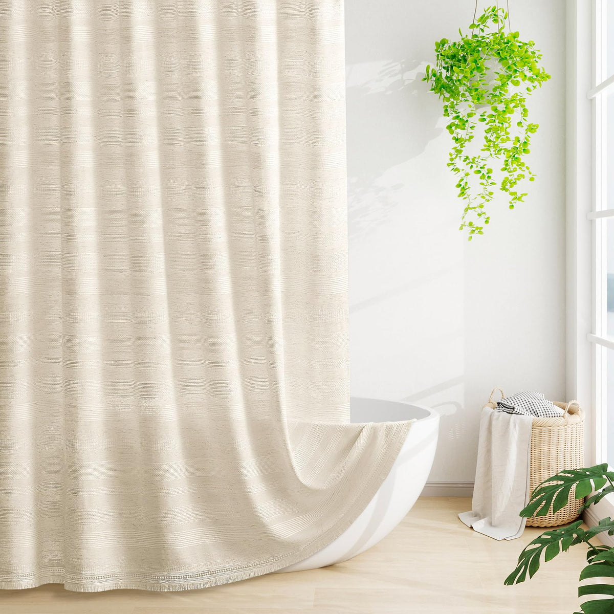 Craidlela shower curtain 72x72 in beige-cream linen texture for airy, natural farmhouse bath.