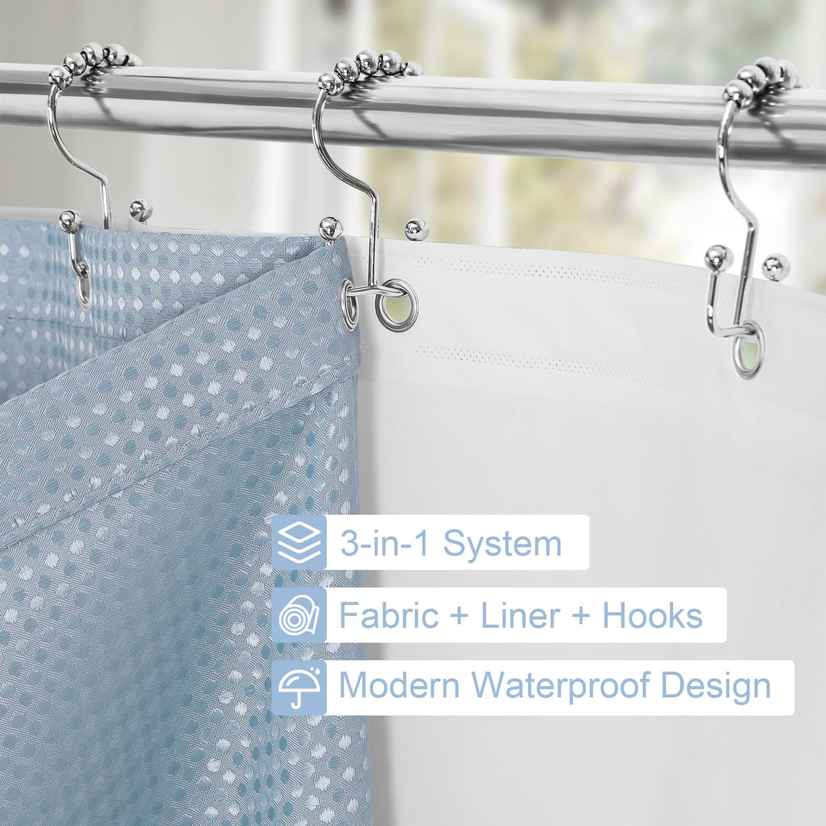 Craidlela waffle-texture curtain with water beading for quick drying.