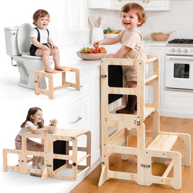 Cravenook toddler step stool in folded-standing-tower form showing compact storage and openness.