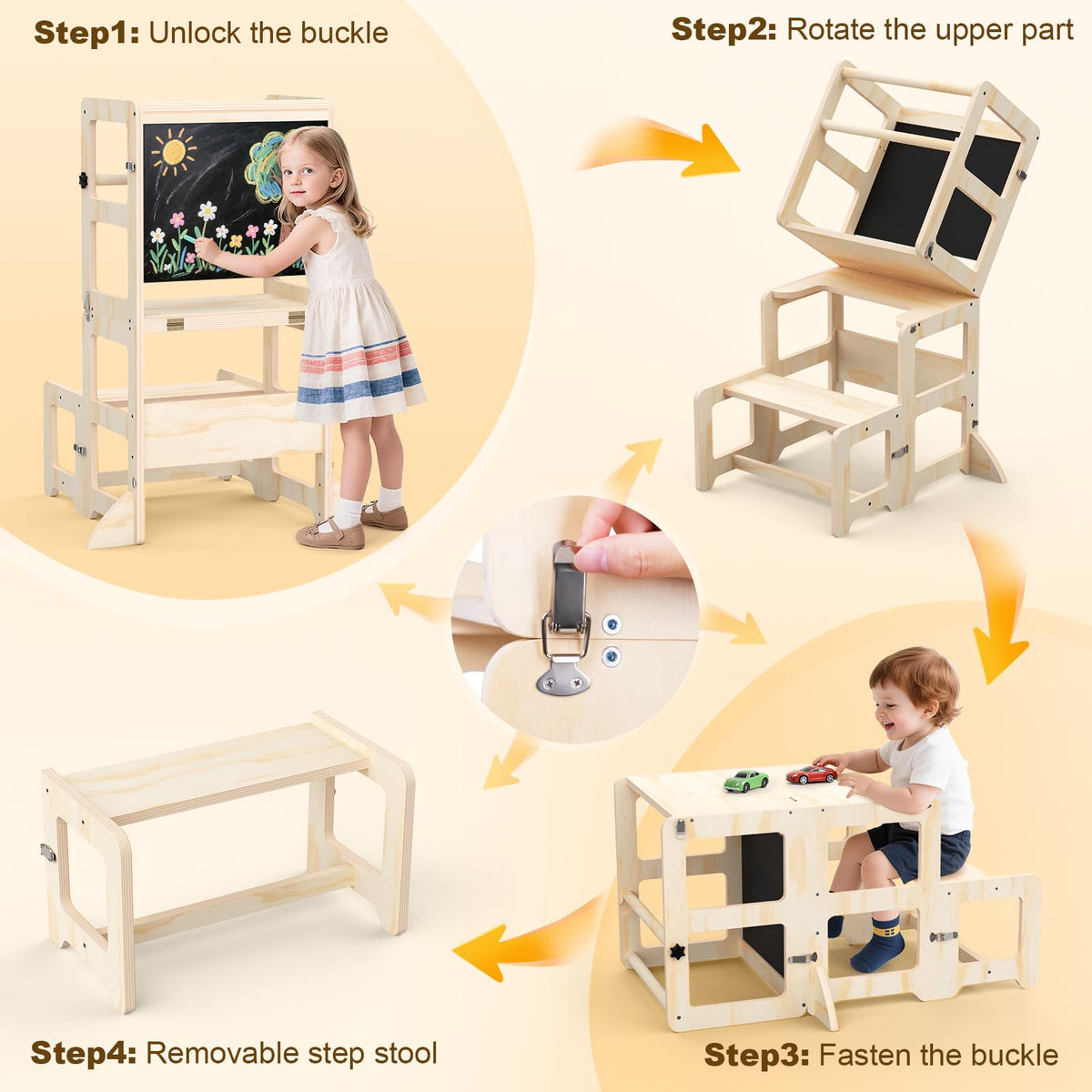 Cravenook toddler step stool with removable safety rails for flexible use.