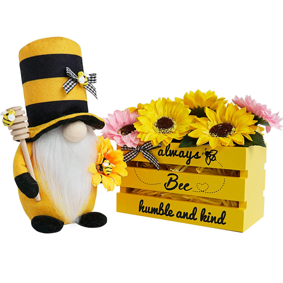 CRCZK Bee Gnome Plush in a wooden crate adds seasonal charm to any space.