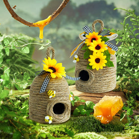 CRCZK Handmade Rope Beehive Ornament with wooden bees enhances rustic shelves.