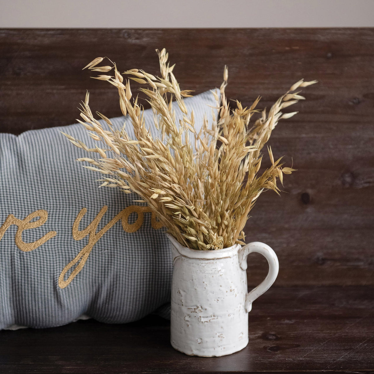 Creative Co-Op 28 oz pitcher with white glaze and subtle variations.