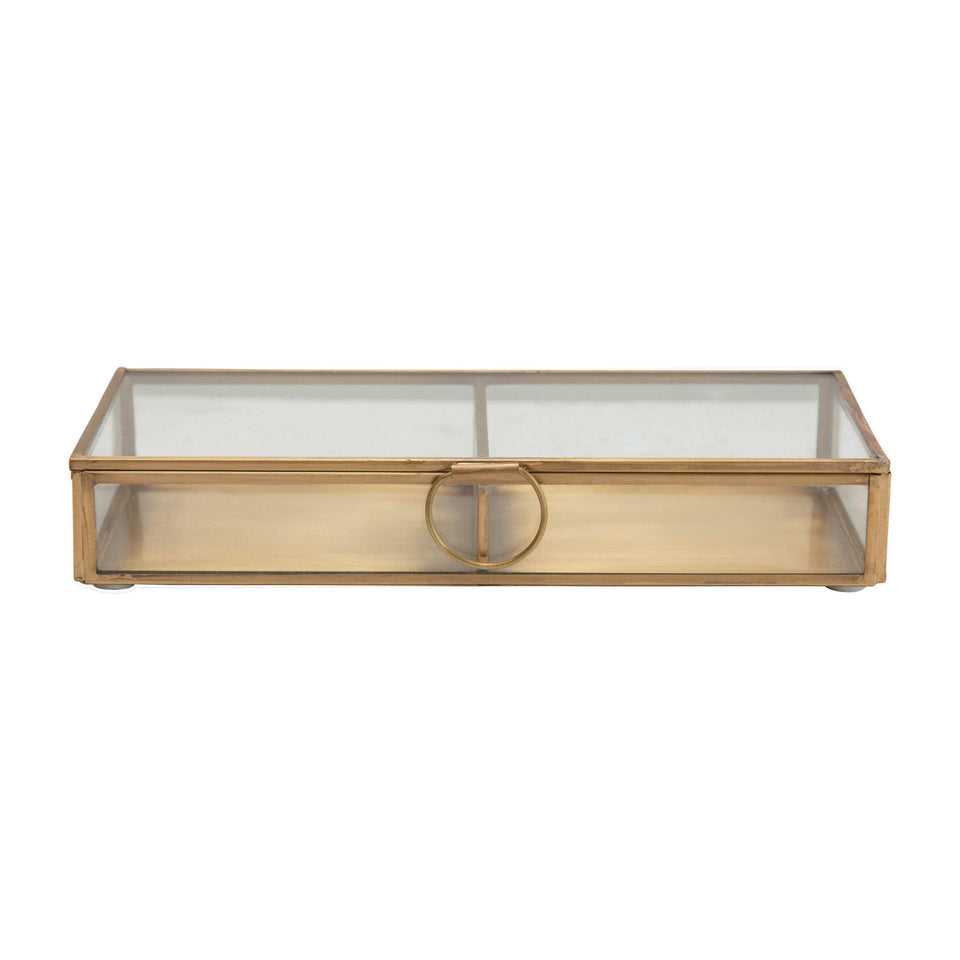Creative Co-Op brass and glass display box with two compartments for organized jewelry display