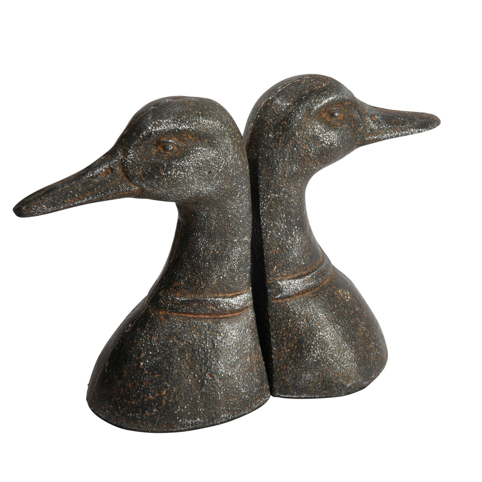 Creative Co-Op duck head bookend set, front view, sturdy shelf support.