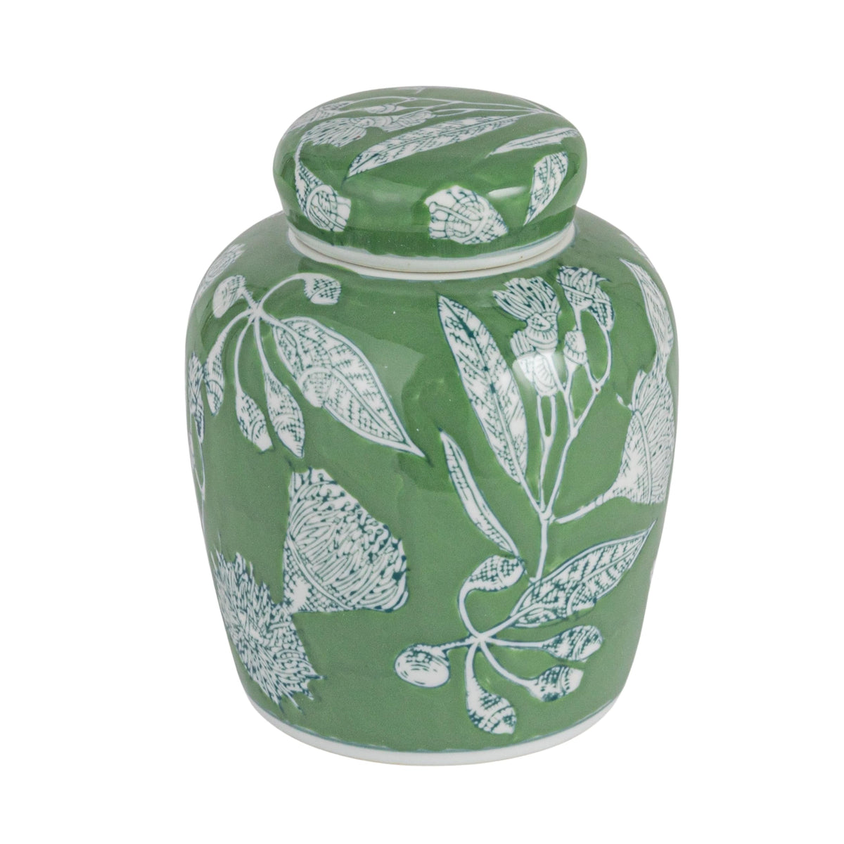 Creative Co-Op ginger jar green lid highlights elegant ceramic craftsmanship for display.