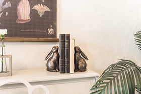 Creative Co-Op bronze rabbit bookend front view adds vintage charm while organizing shelves.