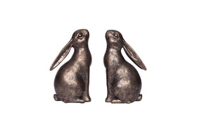 Creative Co-Op bronze rabbit bookend side view supports large books on rustic shelves.