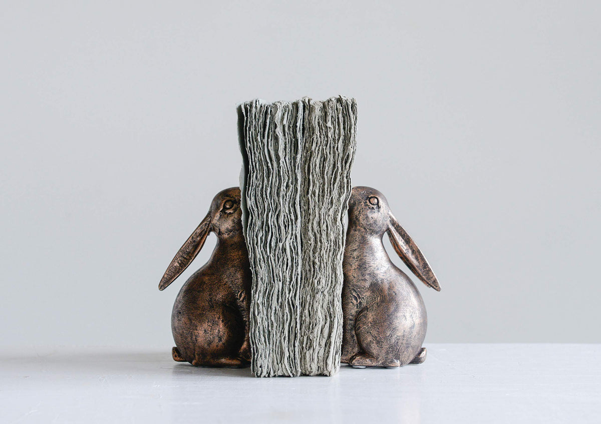 Creative Co-Op bronze rabbit bookend texture detail, durable resin resists wobble on busy shelves.