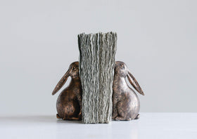 Creative Co-Op bronze rabbit bookend texture detail, durable resin resists wobble on busy shelves.