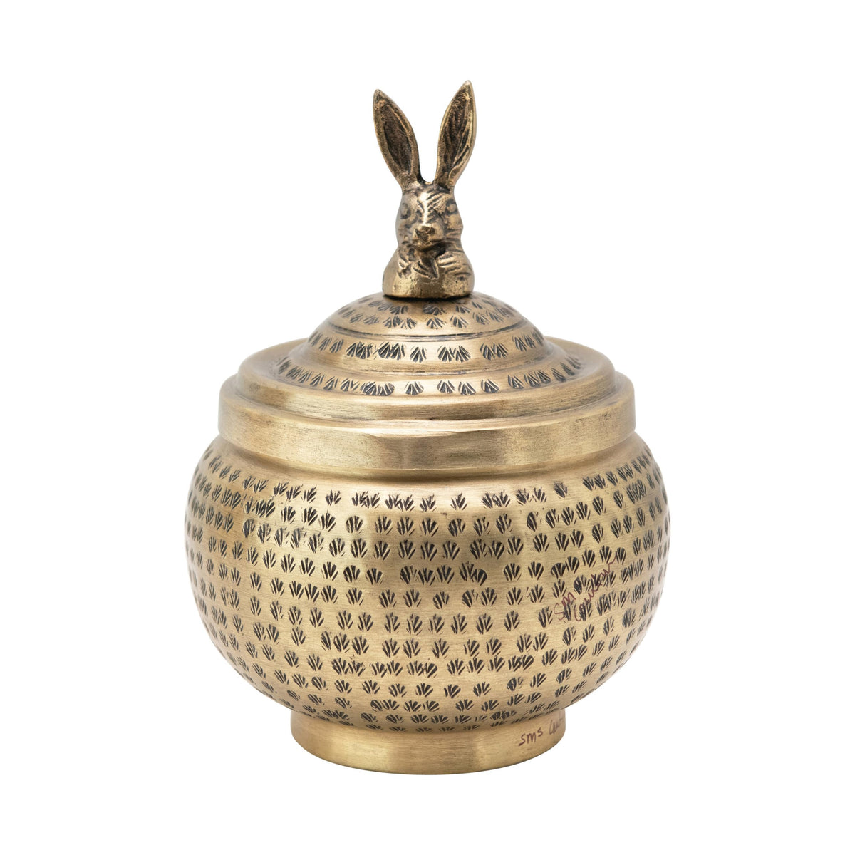 Creative Co-Op round hammered brass rabbit container, top view, decorative storage.