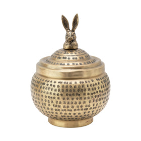 Creative Co-Op round hammered brass rabbit container, top view, decorative storage.