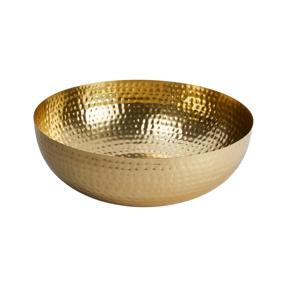 Creative Co-Op round hammered metal bowl with gold finish on table