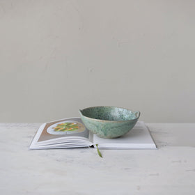 Creative Co-Op stoneware berry bowl with handles, side view emphasizes practical serving design.