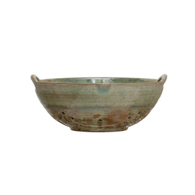 Creative Co-Op stoneware berry bowl with handles showcases aqua reactive glaze for stylish fruit serving.