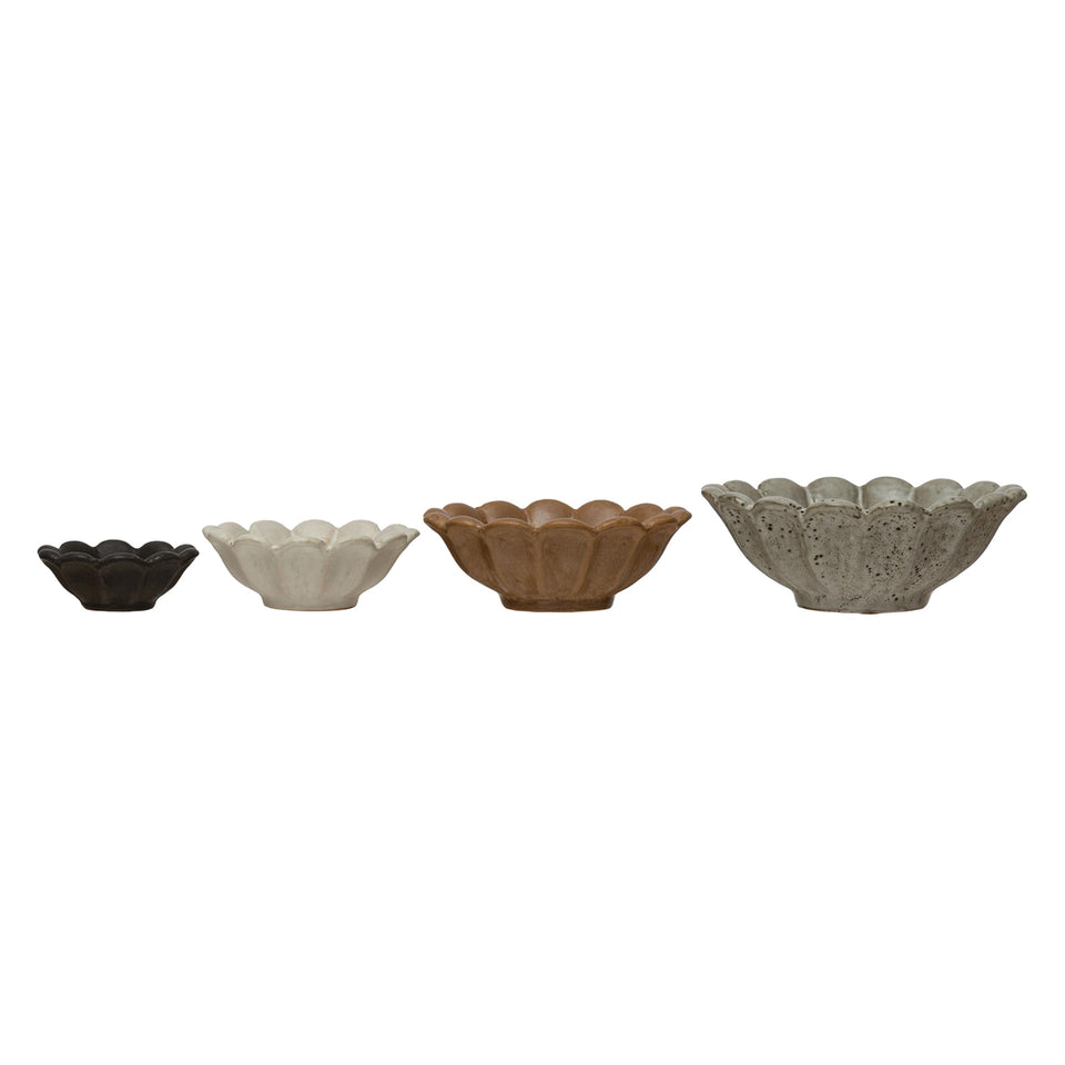Creative Co-Op stoneware flower bowls close-up highlight unique glaze for keys and rings
