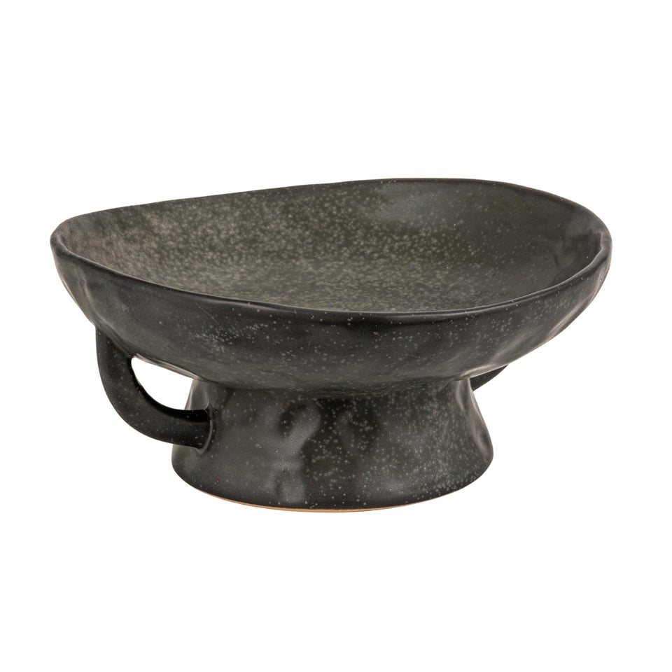 Creative Co-Op stoneware pedestal bowl with handles in black glaze for fruit display