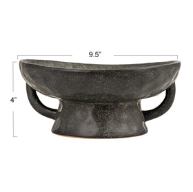 Close-up of Creative Co-Op black reactive glaze on stoneware pedestal bowl