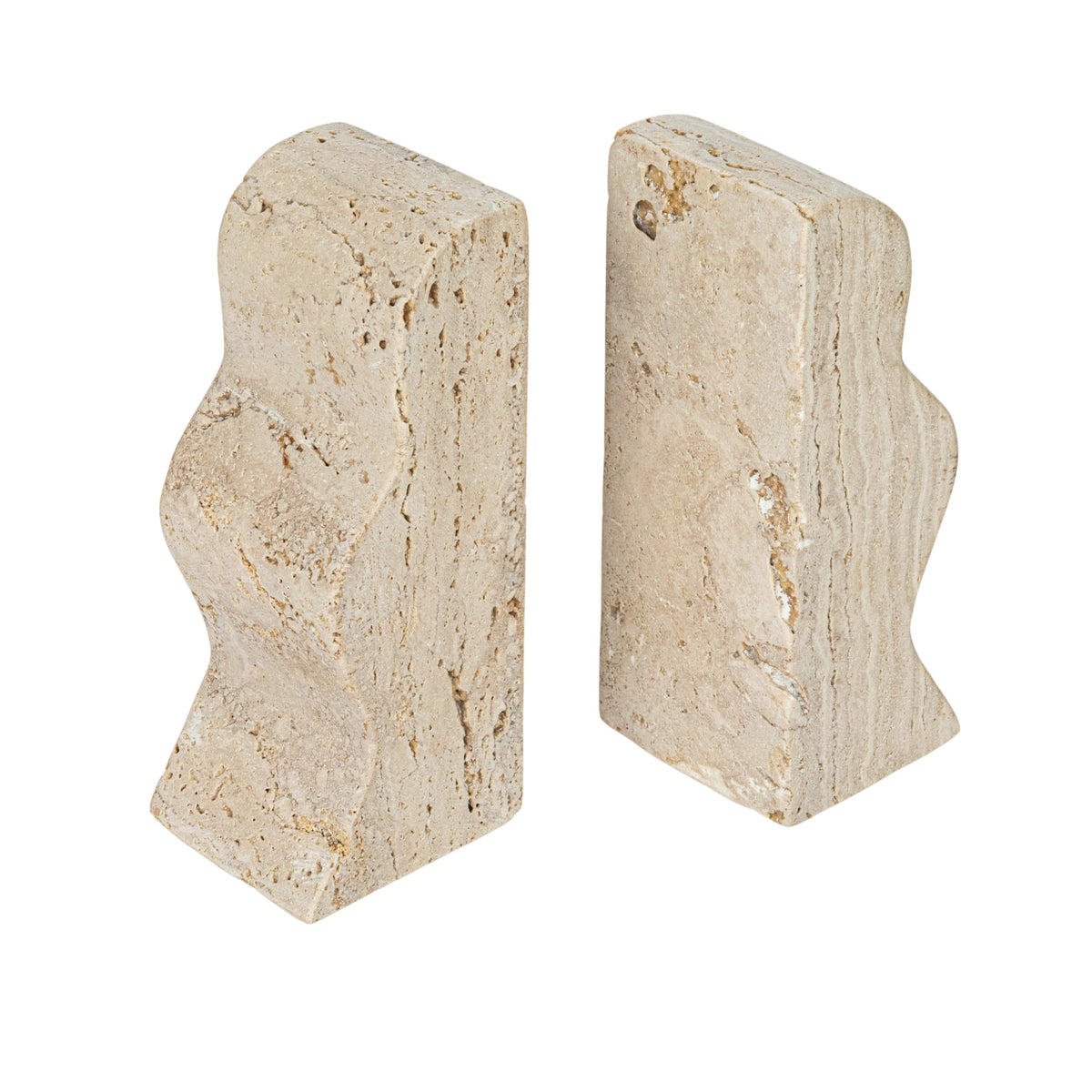 Creative Co-Op travertine wave bookends provide sturdy shelf support with natural beauty
