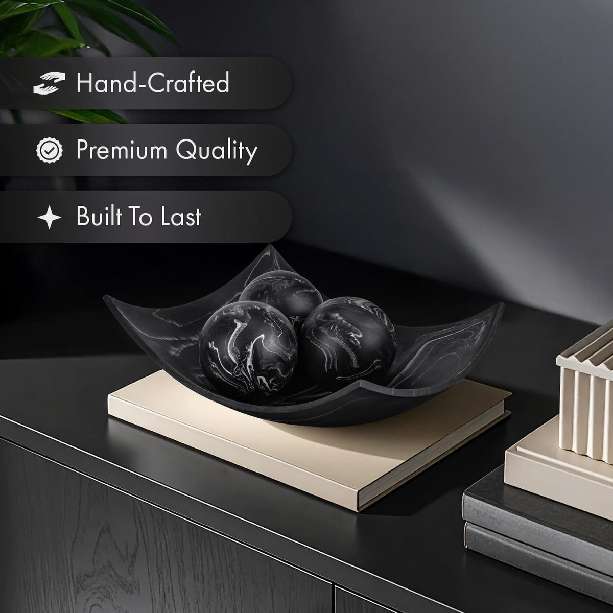 Creative Scents black marble look bowl perfect as fruit bowl for counter display.