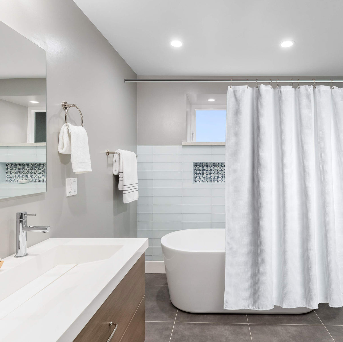 Creative Scents hotel-quality white shower curtain adds premium bath décor
