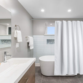 Creative Scents hotel-quality white shower curtain adds premium bath décor