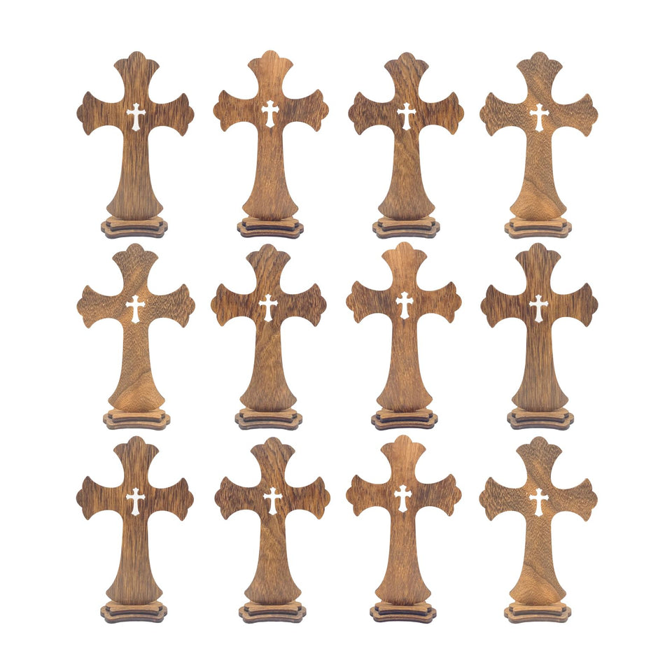 Cregugua 9inch standing cross on table, durable rustic wood decor for home or church.