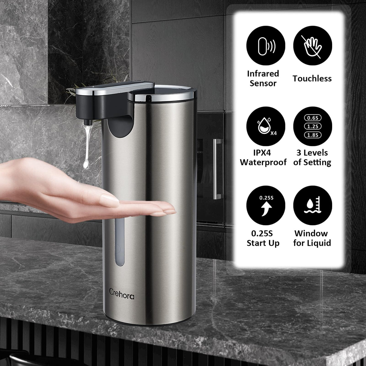 Crehora automatic soap dispenser capacity window shows 340ml level for easy refills.