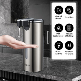 Crehora automatic soap dispenser capacity window shows 340ml level for easy refills.